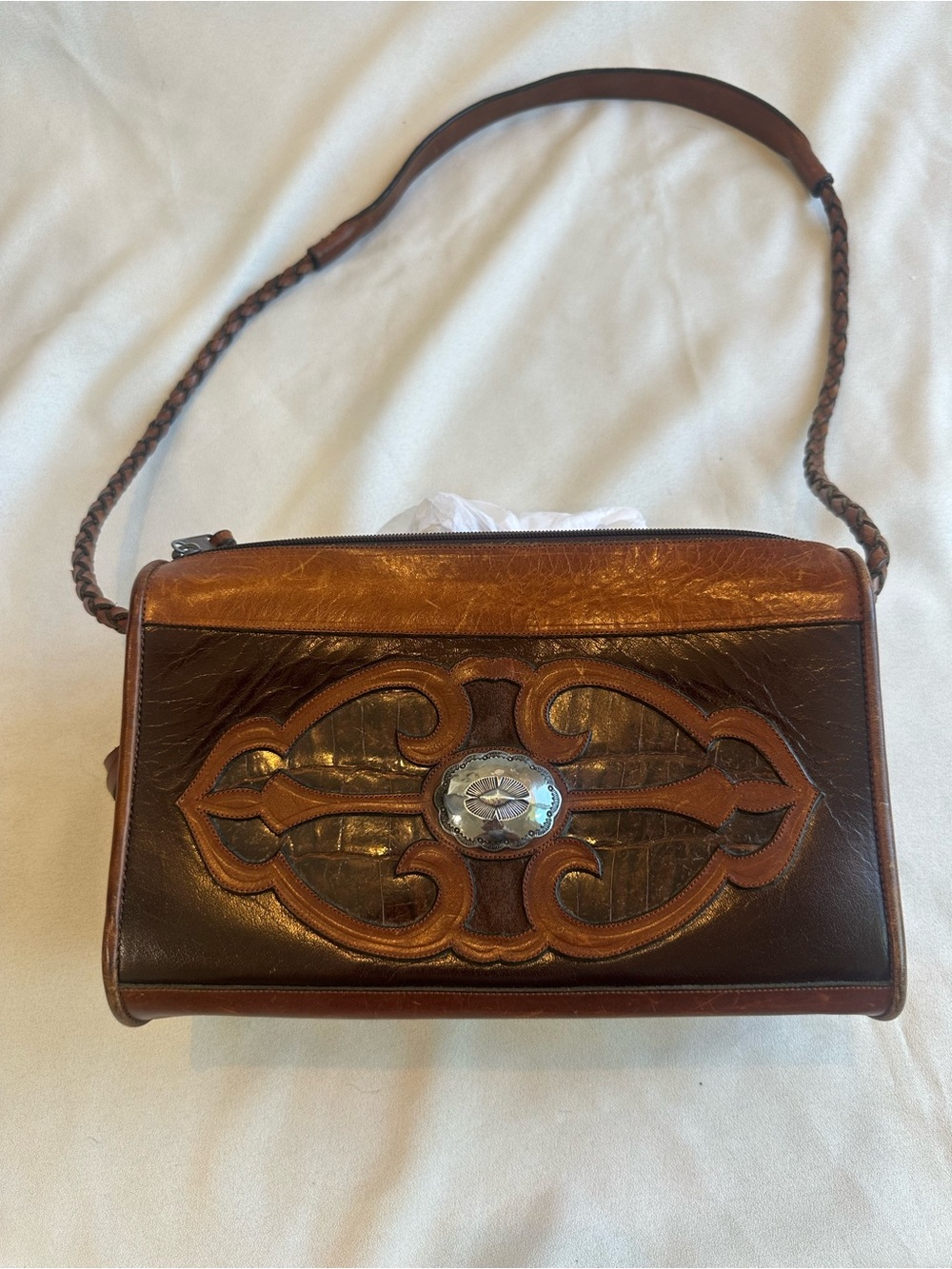 Brown Leather Crossbody Bag with Decorative Concho